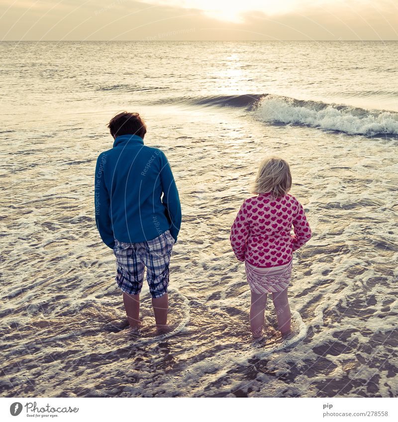 end of vacation Human being Girl Boy (child) Brother Sister Infancy Feet 2 Nature Summer Beautiful weather Waves Coast North Sea Ocean Looking Stand Wanderlust