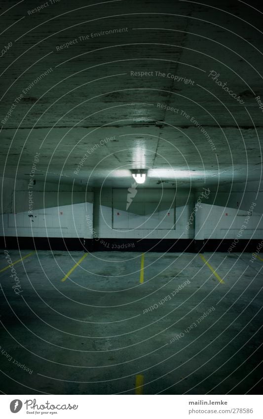 multi-storey car park Parking garage Threat Dark Authentic Sharp-edged Simple Blue Yellow Black White Subdued colour Interior shot Deserted Copy Space bottom