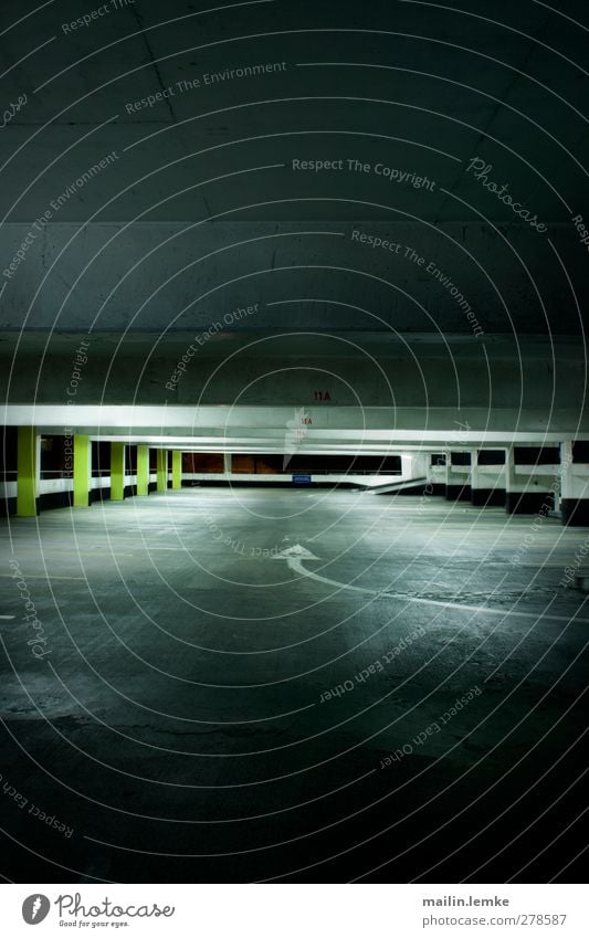 multi-storey car park Parking garage Exceptional Threat Dirty Dark Sharp-edged Gigantic Cold Yellow Gray Black White Subdued colour Interior shot Deserted