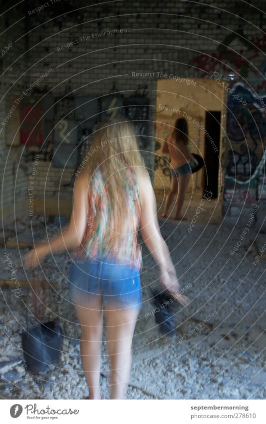 Interior shot II Feminine Youth (Young adults) 2 Human being 13 - 18 years Child Stone Walking Stand Broken Colour photo Motion blur Rear view