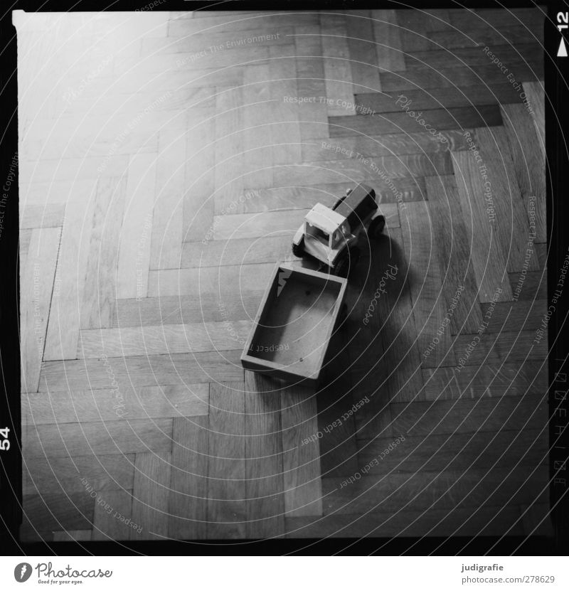Tractor and trailer Playing Living or residing Trailer Toys Wood Old Infancy Past Parquet floor Black & white photo Interior shot Day