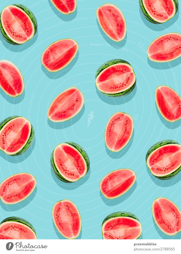 Slices of watermelon on a plain surface painted in bright blue Fruit Nutrition Eating Vegetarian diet Diet Summer Fresh Delicious Natural Juicy Clean Green Red