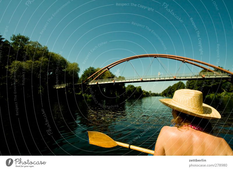 bridge Leisure and hobbies Vacation & Travel Trip Adventure Summer Sports Feminine Woman Adults Head Back 1 Human being 45 - 60 years Water Lake River Rowboat