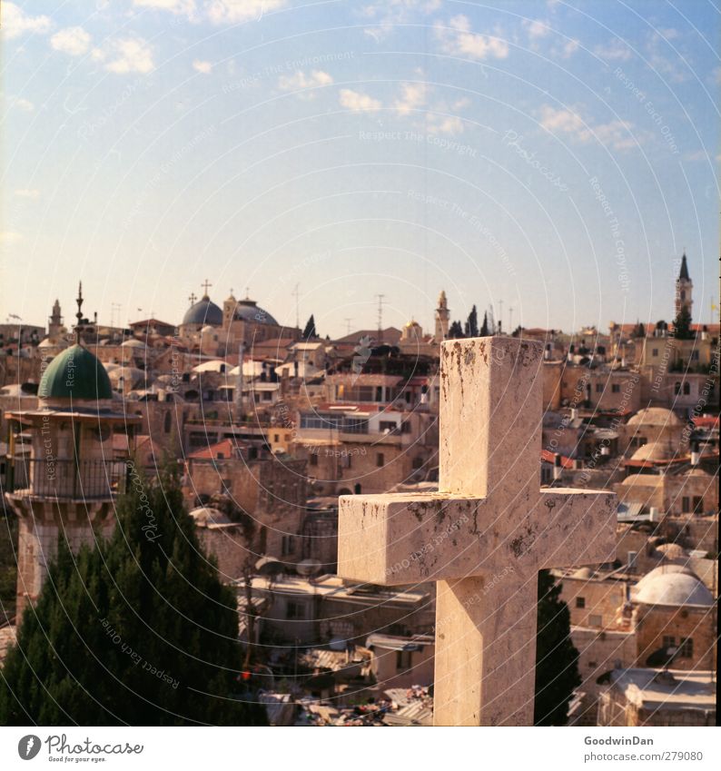 The origin. The end? West Jerusalem Town Downtown Old town Overpopulated House (Residential Structure) Tower Facade Crucifix Warmth Colour photo Exterior shot