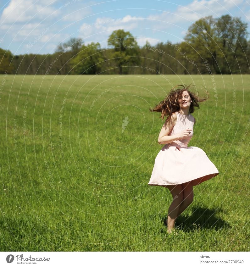 Maike Feminine Woman Adults 1 Human being Spring Beautiful weather Meadow Forest Dress Brunette Long-haired Movement Relaxation Looking Dance Happiness Emotions