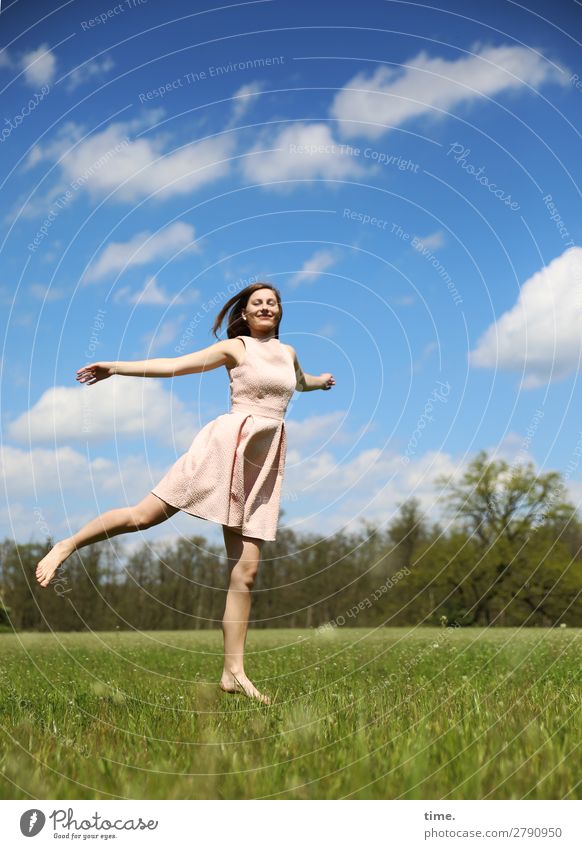 feels like spring Feminine Woman Adults 1 Human being Sky Clouds Spring Beautiful weather Meadow Forest Dress Barefoot Brunette Long-haired Movement Relaxation