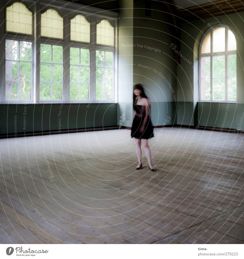 Unfinished Ballroom Story (V) Human being Feminine Woman Adults 1 Hall Window Dress Black-haired Long-haired Observe Stand Exceptional Historic Watchfulness