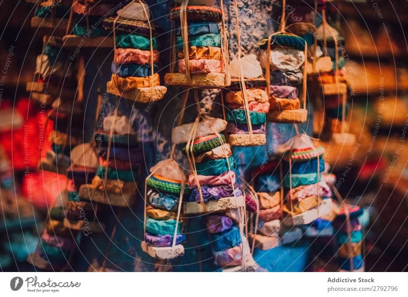 Different decorations hanging on ceiling Markets East Bazaar Decoration Hanging Set Multicoloured Exceptional Tradition Shopping Storage Tourism Chechaouen