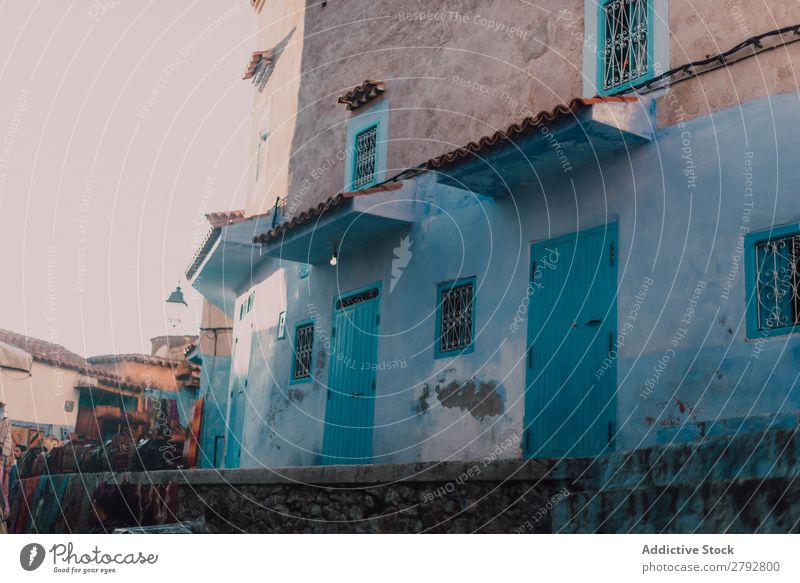 Street with old buildings Building Chechaouen Morocco Construction Facade Old Blue Vacation & Travel Sunbeam Day Tourism Beautiful romantic Limestone Stone