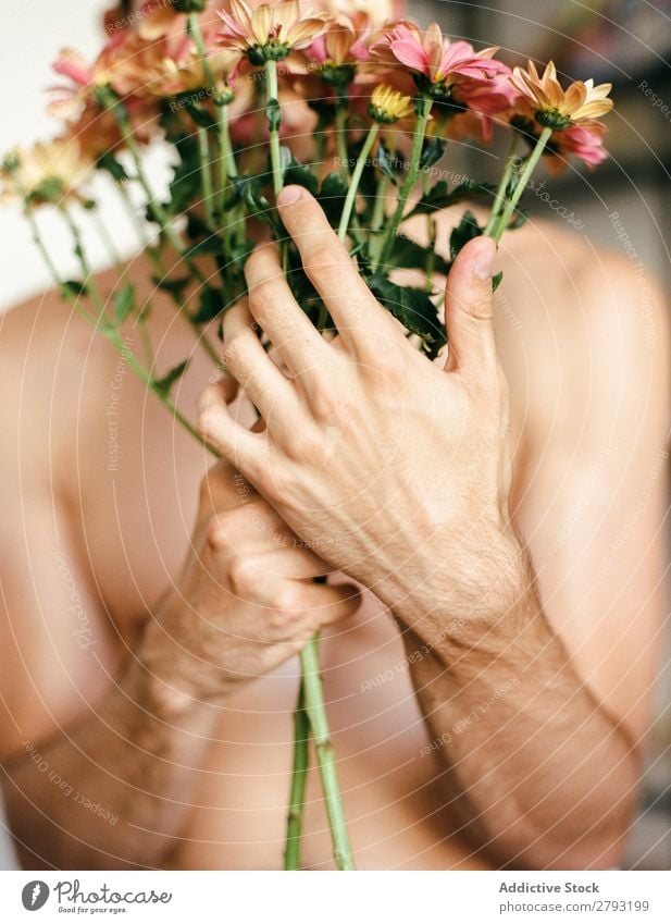 Young man with pink flowers Man Flower Bouquet bunch Guy Fresh Youth (Young adults) shirtless Rose Pink Surprise Chrysanthemum Gift romantic Hair and hairstyles