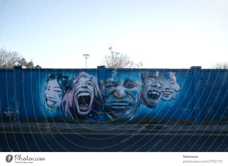 Happy weekend Human being Face 5 Group Art Portugal Wall (barrier) Wall (building) Facade Sign Graffiti Laughter Emotions Moody Joy Happiness