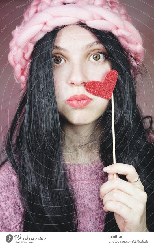 Romantic woman wearing pink clothes and holding a red heart Elegant Style Happy Beautiful Face Make-up Valentine's Day Human being Feminine Young woman