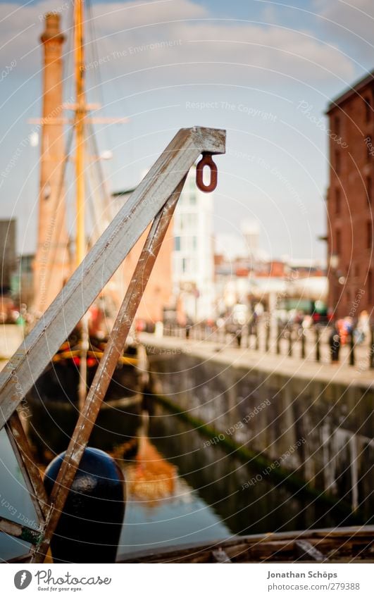 The hook in the matter Harbour Whimsical Liverpool Port City Dock Checkmark Chain link Hang up Watercraft Gallows Dockside crane Harbour entrance Goods lift