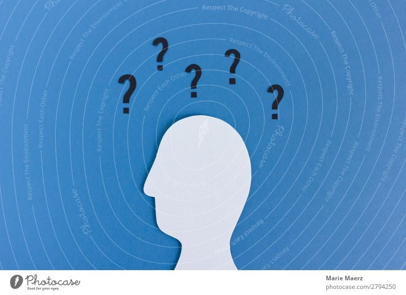 So many questions - head silhouette with question mark Education Science & Research Career Masculine Head 1 Human being Sign Think Simple Modern Blue Emotions