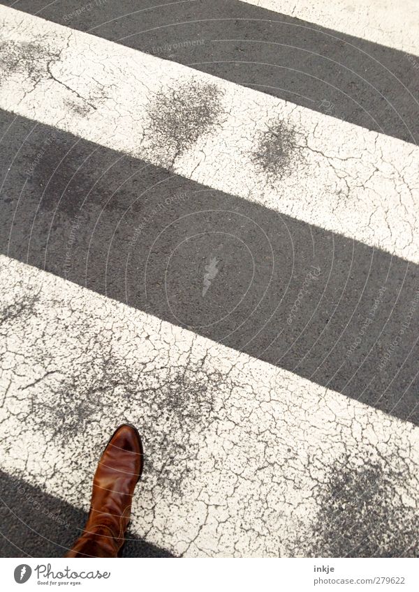 on the way Feet 1 Human being Transport Traffic infrastructure Passenger traffic Pedestrian Street Road junction Zebra crossing Clothing Leather Boots Going Old