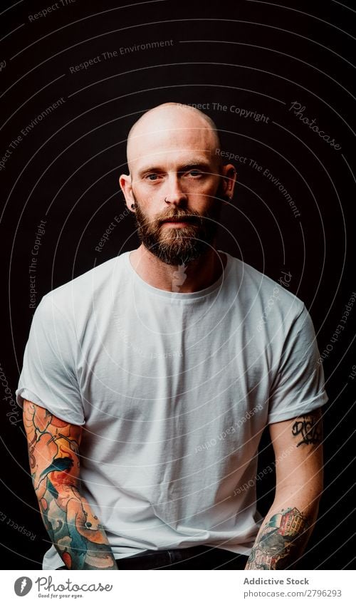 Young bald guy showing tattoos Man Tattoo Hipster Bald or shaved head Youth (Young adults) Guy bearded T-shirt Hand hairless Easygoing handsome Art Cool (slang)
