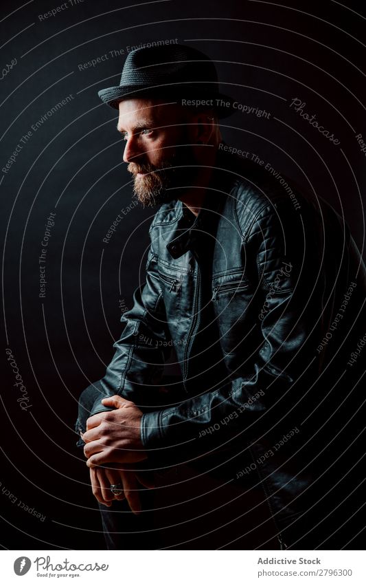 Young bearded guy in leather jacket Man Leather jacket Hipster Youth (Young adults) Hat Guy handsome Cool (slang) Style Easygoing Studio shot Interest Macho