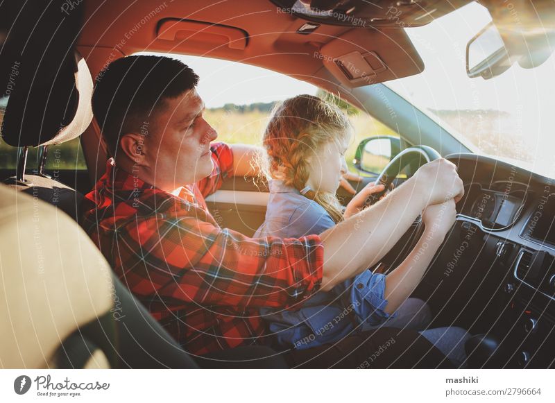 father teaching kid daughter to drive a car Lifestyle Joy Happy Relaxation Vacation & Travel Trip Summer Child Parents Adults Father Family & Relations Infancy