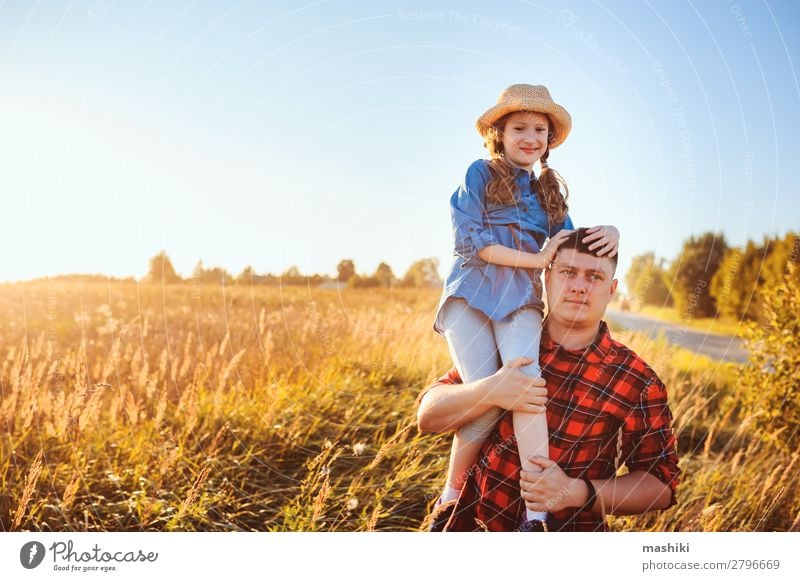 happy father and daughter walking on summer meadow Lifestyle Joy Relaxation Vacation & Travel Freedom Summer Parenting Child Man Adults Parents Father