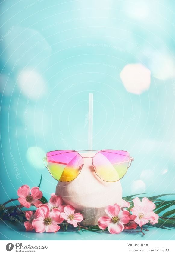 Fresh coconut cocktail with pink sunglasses Beverage Longdrink Cocktail Lifestyle Style Design Vacation & Travel Adventure Summer Summer vacation Sun Beach