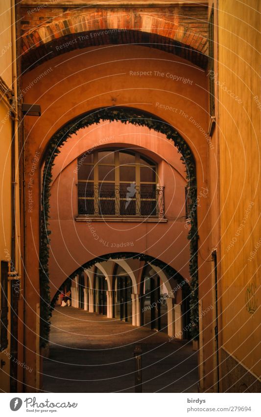 arch world Brescia Italy Town Old town Deserted Illuminate Esthetic Yellow Red Calm Colour Idyll Lanes & trails Archway Alley Lattice window Historic Tasty