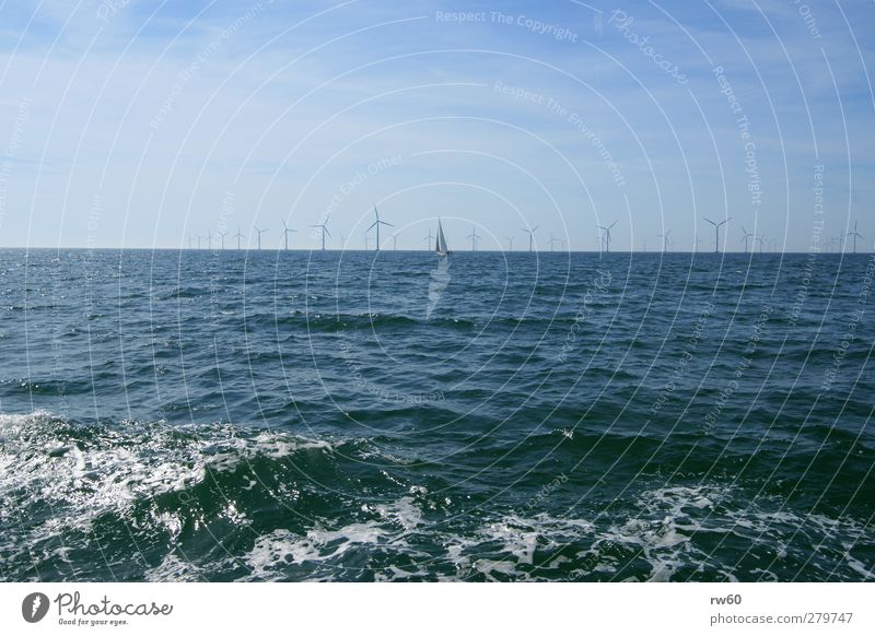 wind power Wind energy plant Energy industry Renewable energy Energy crisis Water Baltic Sea Industrial plant Sailboat Concrete Metal Innovative Colour photo