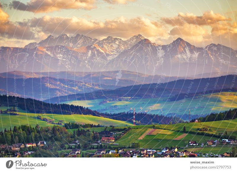 Spring sunset in Tatra Mountains, Pieniny range Vacation & Travel Tourism Adventure Far-off places Freedom Summer Snow Nature Landscape Air Sky Clouds Sunrise