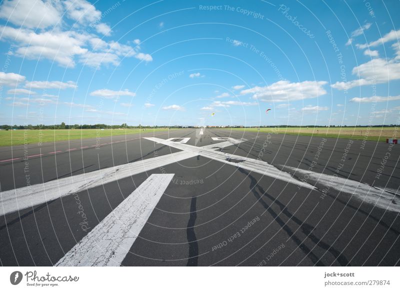 Airfield clear! Hang gliding Clouds Summer Beautiful weather Meadow Airport Tourist Attraction Runway Crucifix Line Stripe Flying Free Infinity Warmth Moody