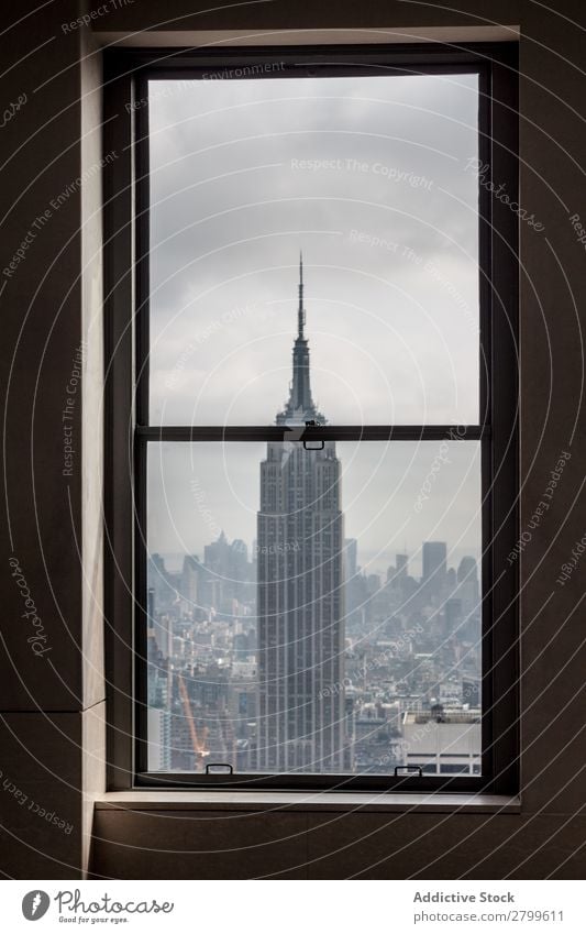 View from window on high tower in city City Tower Empire State building New York Amazing Vantage point Height High-rise Window Sky Clouds Rain Architecture USA