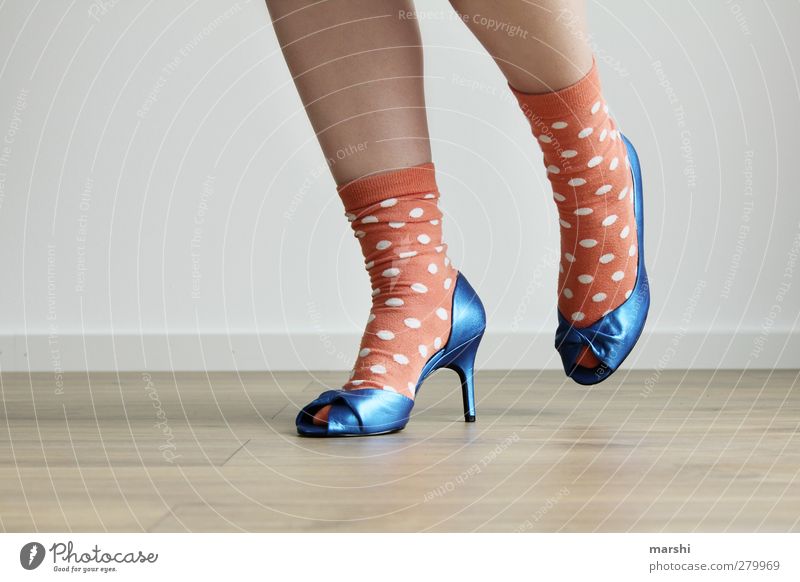 by leaps and bounds Lifestyle Style Human being Feminine Young woman Youth (Young adults) Feet Blue Orange High heels Fashion Stockings Spotted