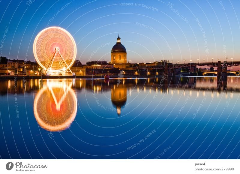 Ferris wheel in the evening, Toulouse Sightseeing Entertainment River Small Town Bridge Building Architecture Dark Bright Blue Gold Orange Ancient background