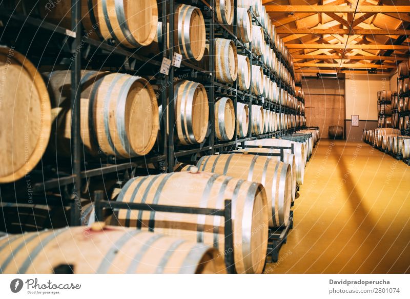 Wood wine barrels stored in a winery on the fermentation process Winery Cellar Vintage oak Storage Drinking Beverage Keg flavor Production Line Factory