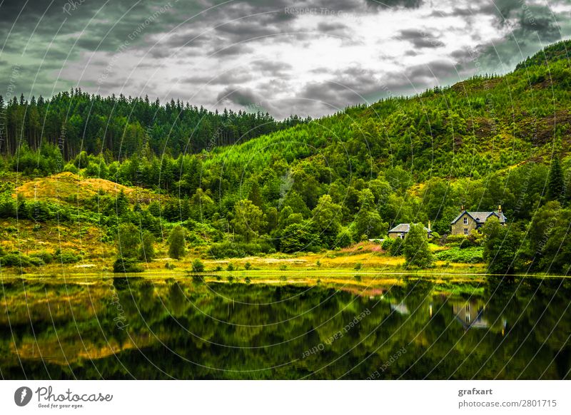 Lonesome House At Calm And Smooth Lake In Scotland abandoned beautiful building bungalow calm clouds cloudy countryside destination environment forest glen