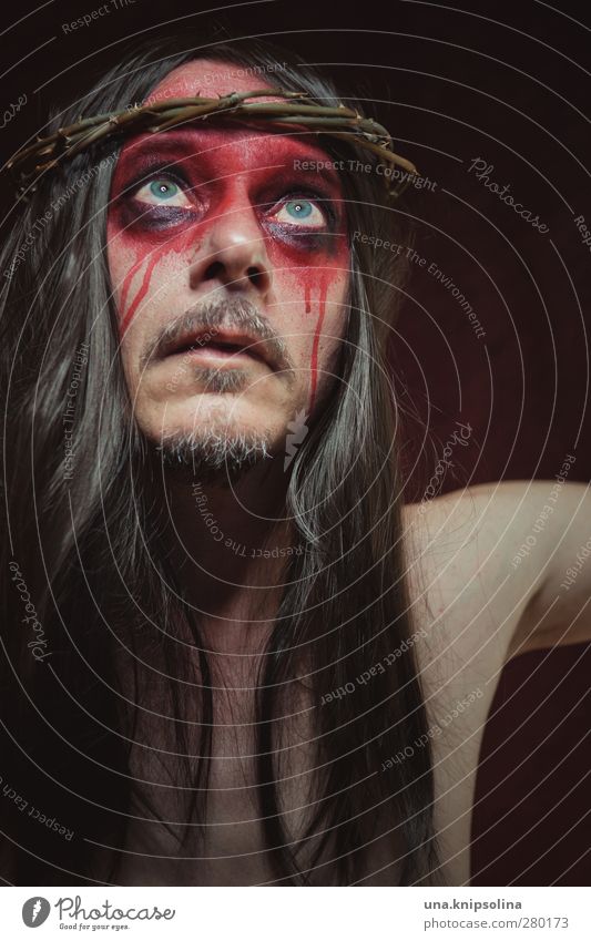 personal jesus Make-up Masculine Man Adults 1 Human being 30 - 45 years Brunette Long-haired Think Dream Sadness Authentic Dark Red Emotions Pain Fear