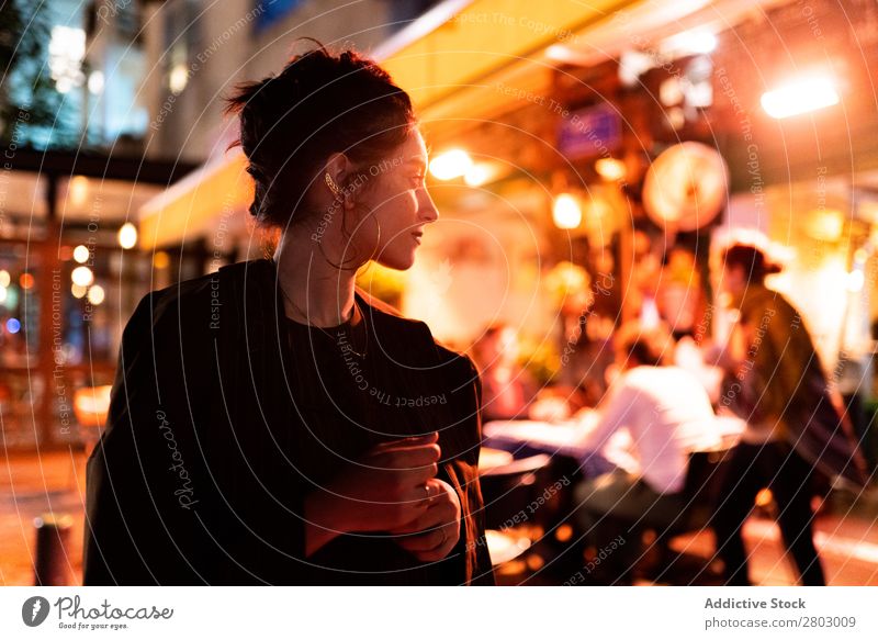 Stylish lady near street cafe Woman Style Hipster Street Café Tel Aviv Israel Night Hip & trendy Earring Evening Night life Youth (Young adults) Fashion Elegant