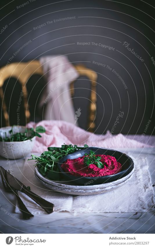 Hummus on plate Above Appetizer Apron arabic Background picture Red beet beetroot Chickpeas Cooking Delicious Diet Dip dipping eastern Food Healthy