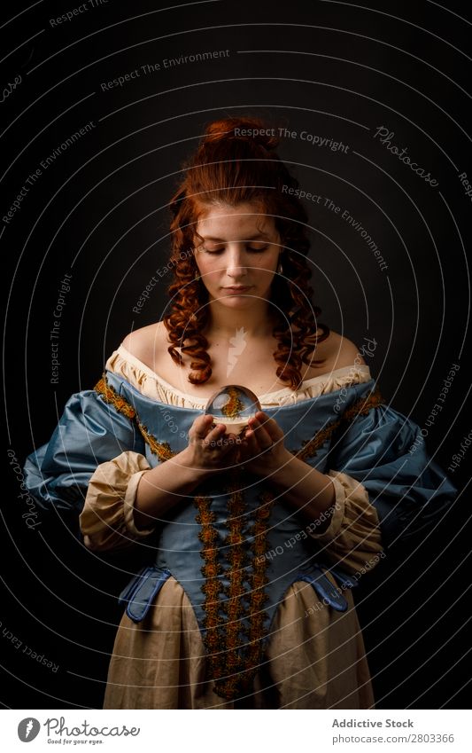 Baroque woman with glass ball Woman Red-haired Corkscrew Hold Magic Ball Glass Dress medieval Carnival Renaissance Princess Royal masquerade divination prophecy