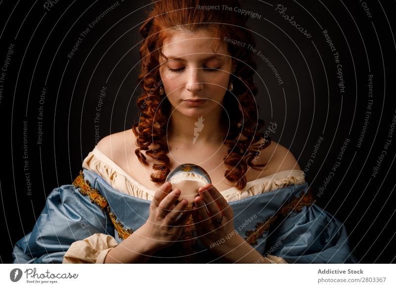 Baroque woman with glass ball Woman Red-haired Corkscrew Hold Magic Ball Glass Dress medieval Carnival Renaissance Princess Royal masquerade divination prophecy
