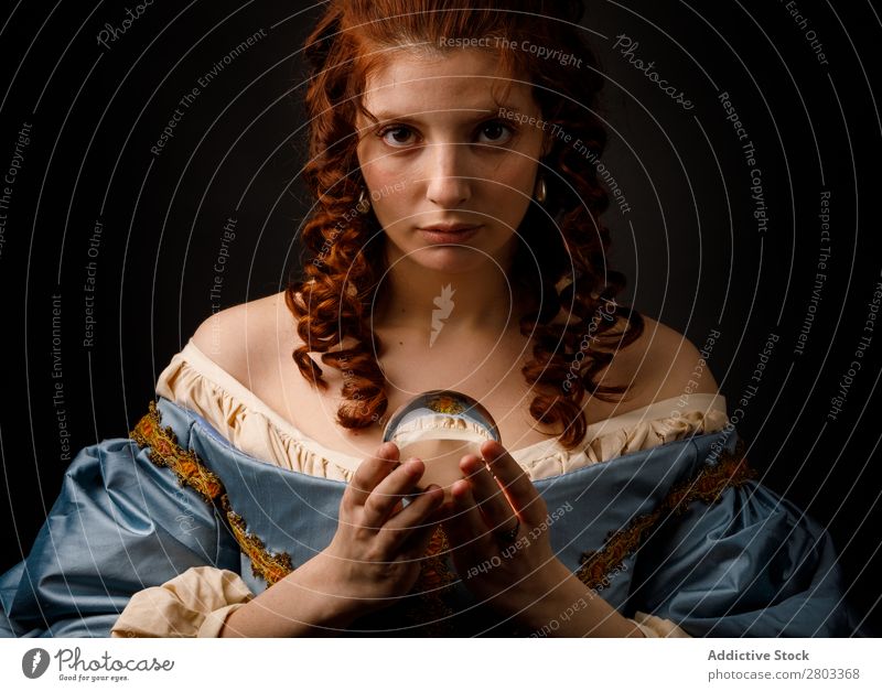 Baroque woman with glass ball Woman Red-haired Corkscrew Magic Ball Glass Dress medieval Carnival Renaissance Princess Royal masquerade divination prophecy
