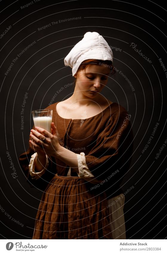 Medieval maid with glass of milk medieval Milk Glass Woman Closed eyes Clothing historical Dress Costume maiden Car Hood Renaissance Vintage Retro peasant