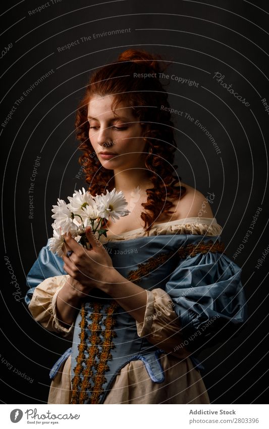 Baroque woman with closed eyes holding flowers Woman Flower Red-haired Corkscrew Dress medieval Carnival Renaissance Princess Royal masquerade To enjoy Bouquet