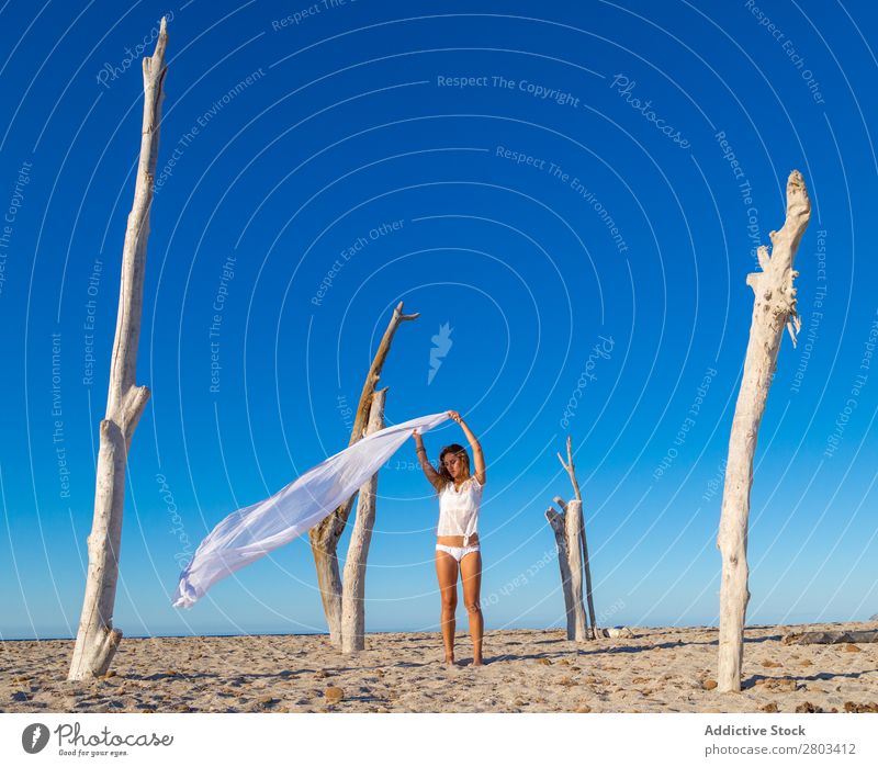Woman with pareo on beach Beach Rest Summer Vacation & Travel Youth (Young adults) Relaxation Lifestyle Ocean Beautiful Trunk Blue sky Beautiful weather