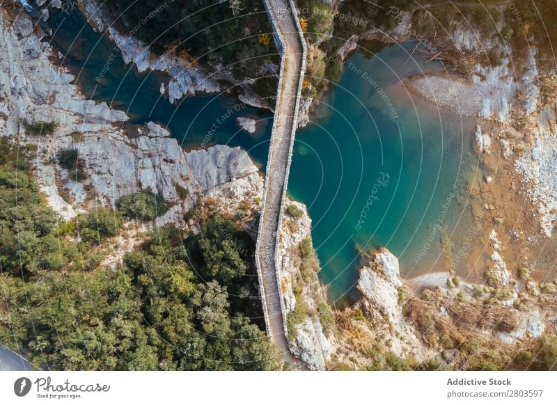 Aerial view of a medieval bridge Bridge Spain Aircraft Vantage point Drone Famous building Roman Old Architecture Historic Europe Landmark Skyline River Water