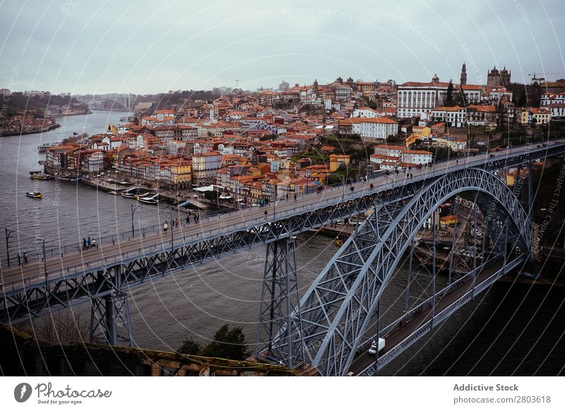 Modern bridge in old city Bridge City River Vantage point Porto Portugal Old Sky Water Skyline Architecture Landmark Town Vacation & Travel Trip Tourism