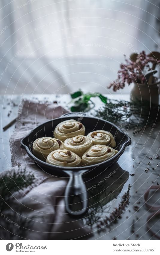 Fresh cinnamon rolls on table Napkin Pan Table Roll Food Meal Rustic Gourmet Tradition Cooking Baked goods Morning Delicious Tasty yummy Dog food Sugar Kitchen