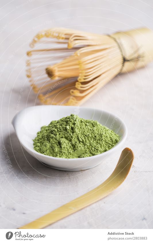 Green matcha tea powder and bamboo whisk assorted Bamboo Beverage brew Drinking Healthy Herbs and spices Japanese Powder Scoop Spoon Tea Teapot Water Beater