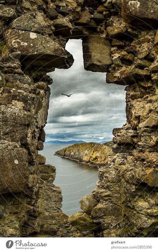Stone window at Duntulm Castle in Scotland Atlantic Ocean Vantage point View from a window Vista Window Flying Floating Flight of the birds Past Great Britain