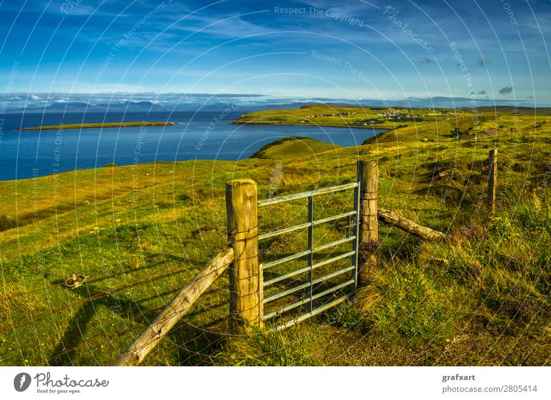 Closed gate on the Isle of Skye in Scotland Atlantic Ocean Way out Entrance Great Britain House (Residential Structure) Western islands Heather family Horizon