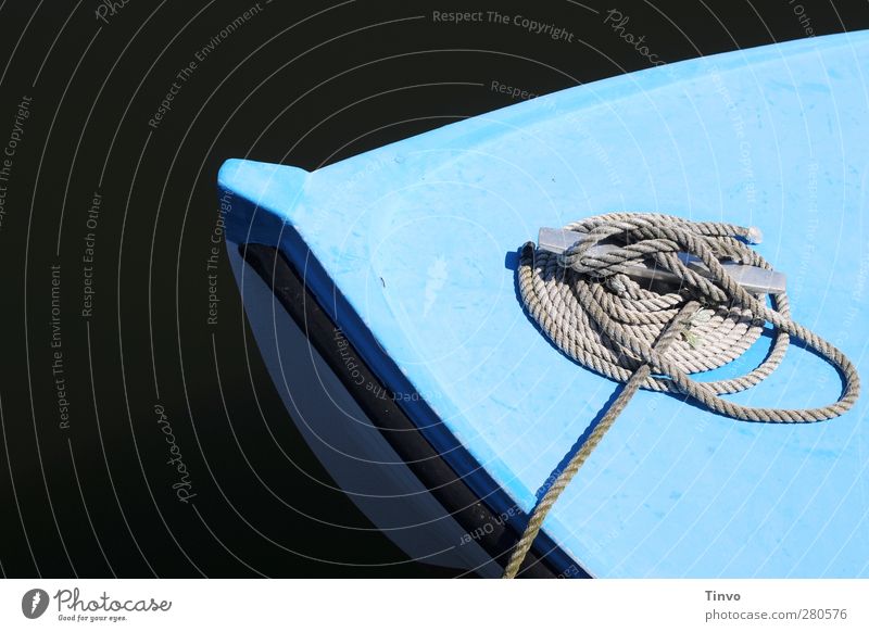 turquoise boat deck with rope/rope Fishing boat Rowboat Harbour Rope Wait Black Turquoise White Calm Simple Bow Colour photo Close-up Deserted Copy Space left