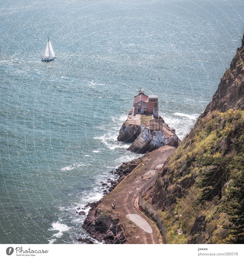 wanderlust Nature Water Summer Beautiful weather Coast Cliff House (Residential Structure) Street Boating trip Sailboat Old Blue Brown Green Emotions